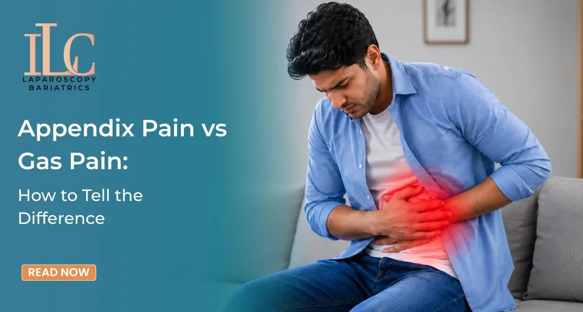 Appendix Pain vs Gas Pain with man holding abdomen due to severe stomach pain