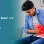 Appendix Pain vs Gas Pain with man holding abdomen due to severe stomach pain