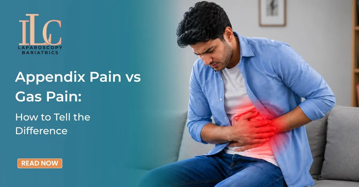Appendix Pain vs Gas Pain with man holding abdomen due to severe stomach pain